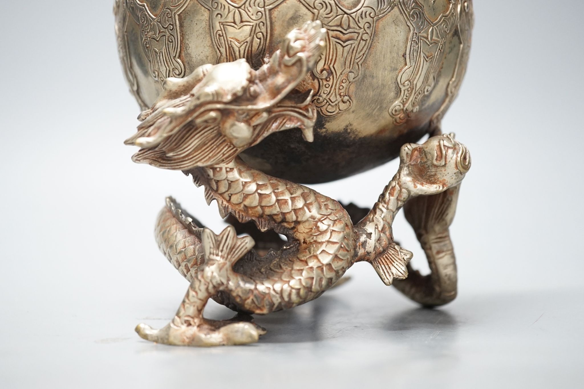 A Chinese bronze 'dragon' censer and cover, 24.5 cms high